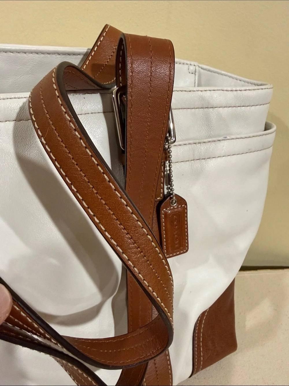 Coach White Leather Tote with Brown Trim and Straps Moms,work, Business Handbag